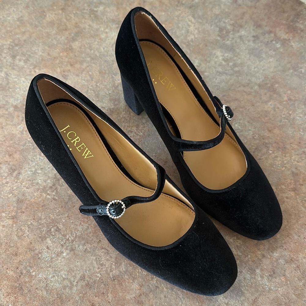 J. Crew Factory Black Suede Mary Jane Block Heel Pumps